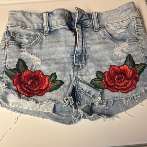 American Eagle Outfitters Blue and Red Jean Shorts with Distressed Details - Picture 1 of 6